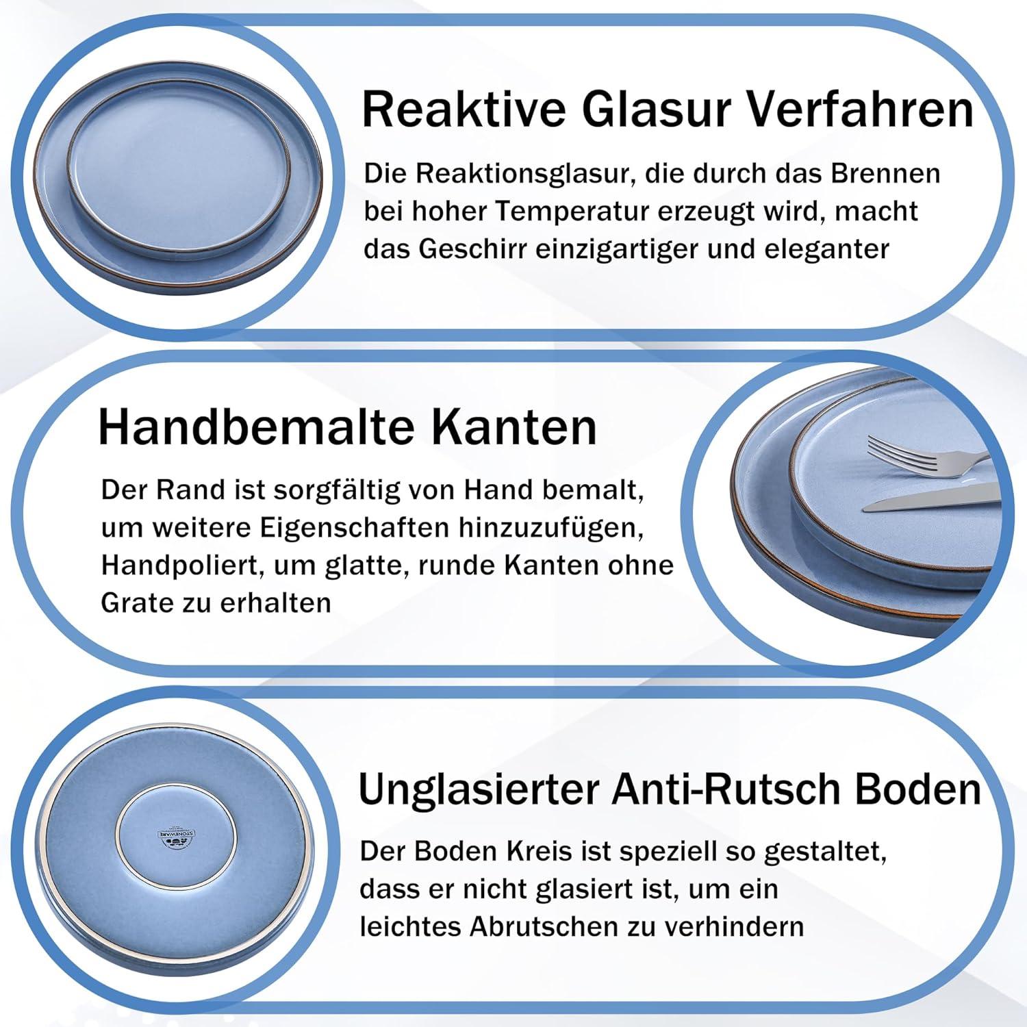 18-tlg Geschirr Set Steinzeug Tafelservice Blau