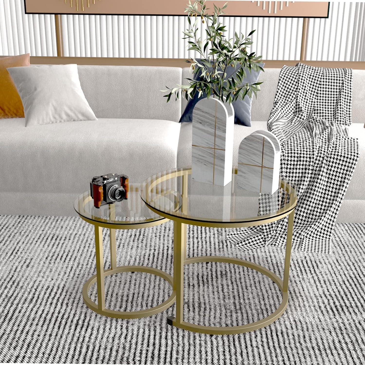 Runde Couchtische 2er-Set Beistelltisch Metallrahmen Wohnzimmer Schlafzimmer Balkon Büro Wohnung 60 cm Goldener Rahmen Glasplatte