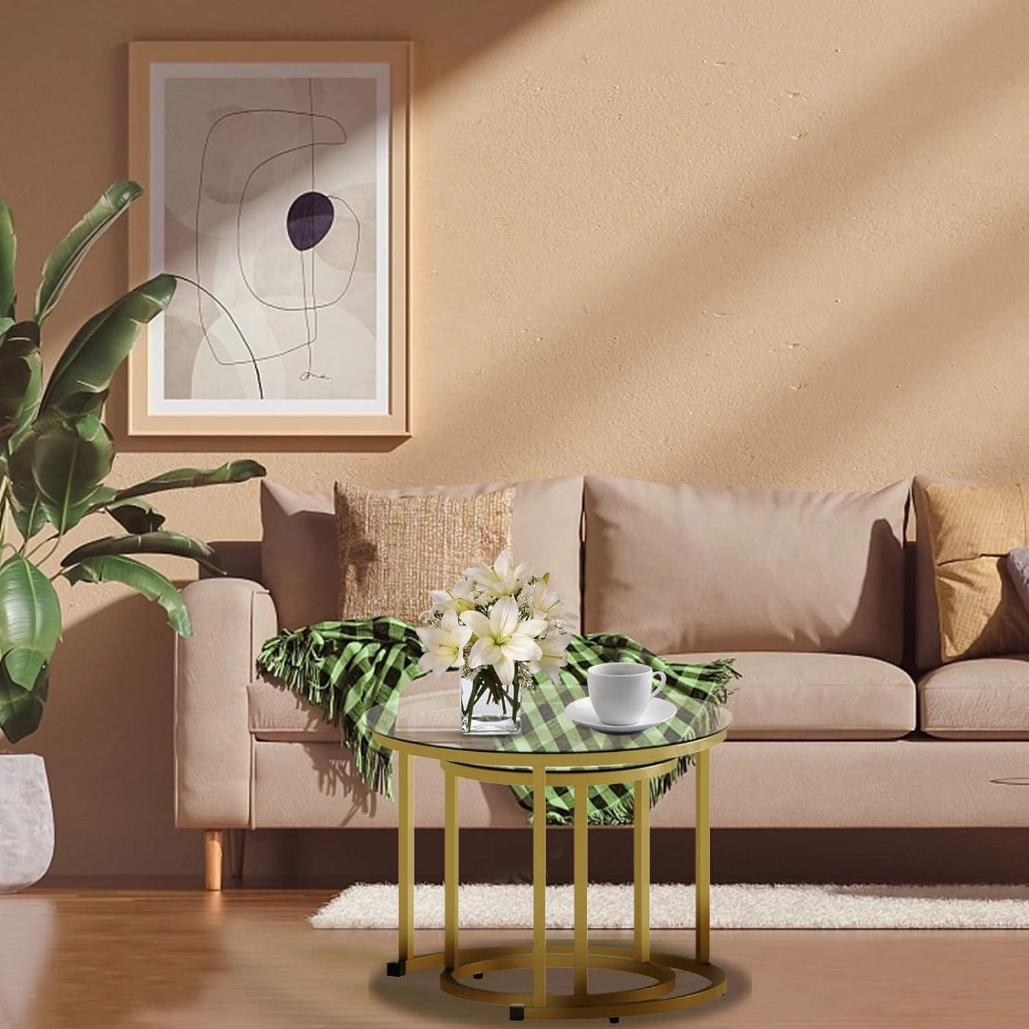 Runde Couchtische 2er-Set Beistelltisch Metallrahmen Wohnzimmer Schlafzimmer Balkon Büro Wohnung 60 cm Goldener Rahmen Glasplatte