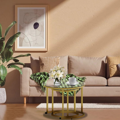 Runde Couchtische 2er-Set Beistelltisch Metallrahmen Wohnzimmer Schlafzimmer Balkon Büro Wohnung 60 cm Goldener Rahmen Glasplatte