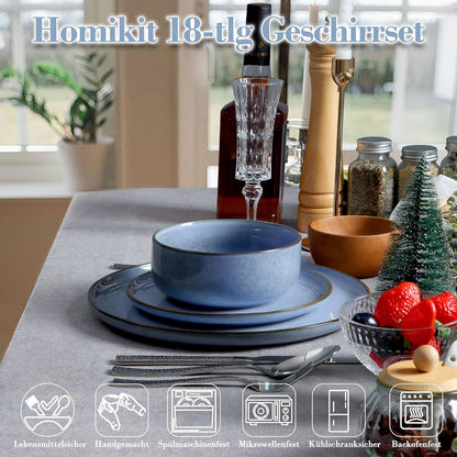 18-tlg Geschirr Set Steinzeug Uranus Blau für 6 Personen