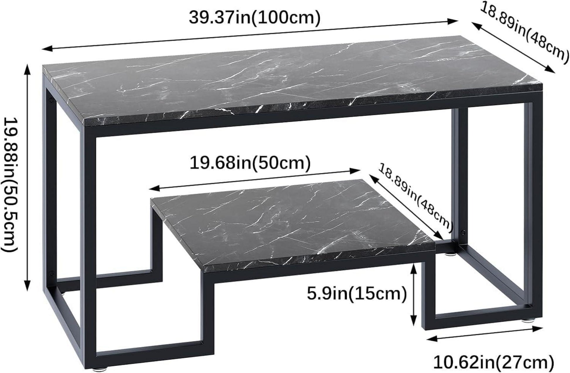 Couchtisch mit 2 Etagen, modernes Design, schwarz