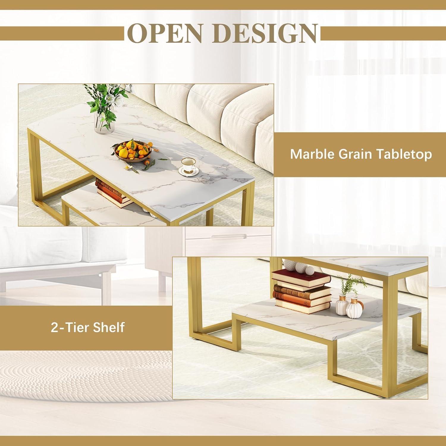 Couchtisch 2 Etagen Metallrahmen 100 x 48 x 50 cm Weißer Marmor