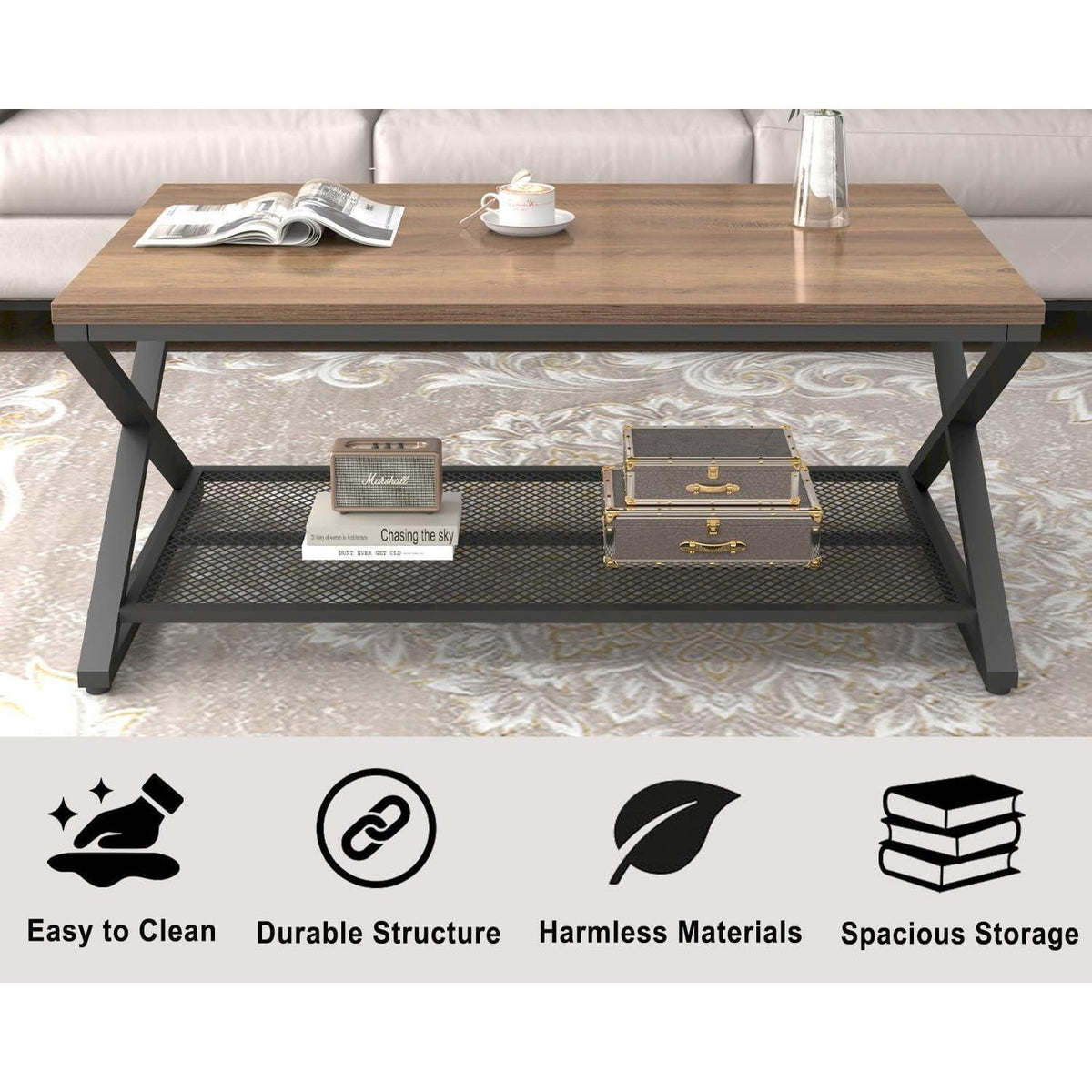 Couchtisch Holz mit Stauraum, Rechteckig 100x60 cm, Heller Eiche