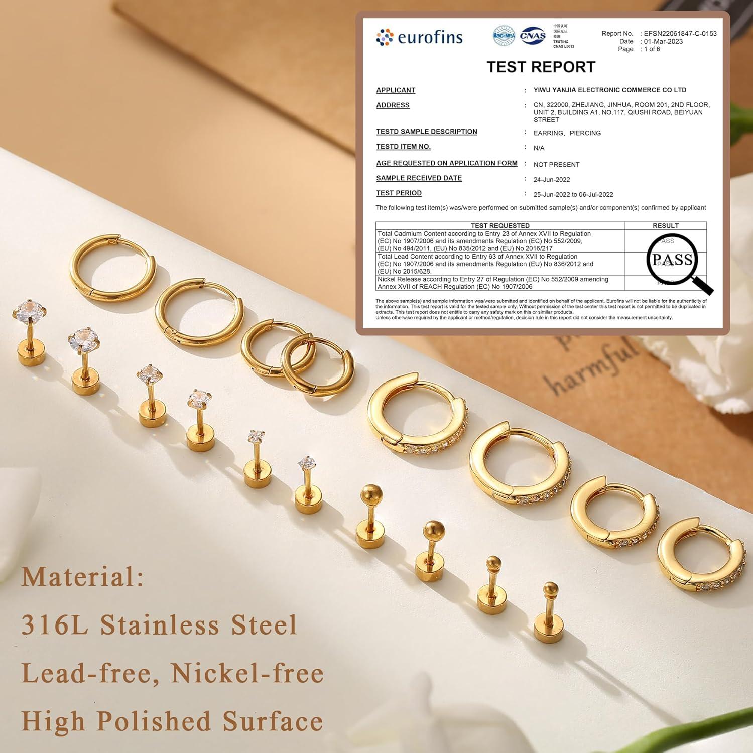 CASSIECA 9er 316L Chirurgenstahl Medizinische Ohrringe Set Gold Silver