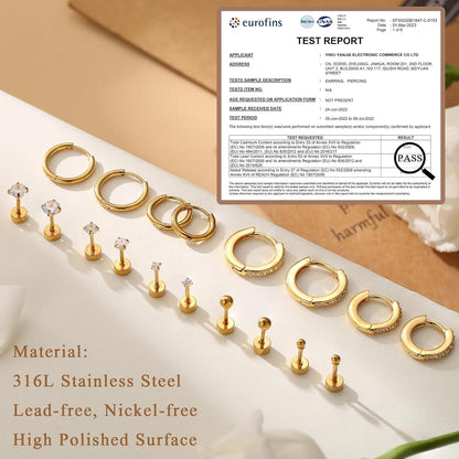 CASSIECA 9er 316L Chirurgenstahl Medizinische Ohrringe Set Gold Silver