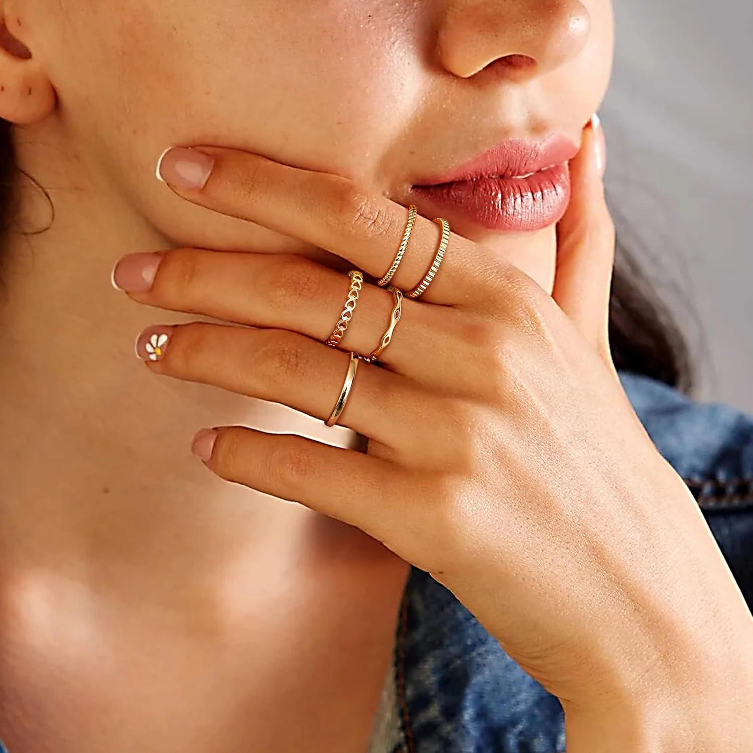 Adramata 5 Stück Ringe Frauen 14 Karat Vergoldet Gold Verstellbar Daumen Fingerring Bandring Silber/Gold Schmuck