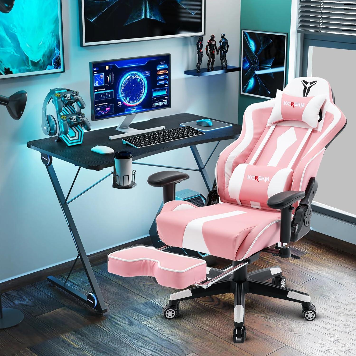 Gaming Stuhl Rosa mit Fußstütze 150kg Belastbarkeit