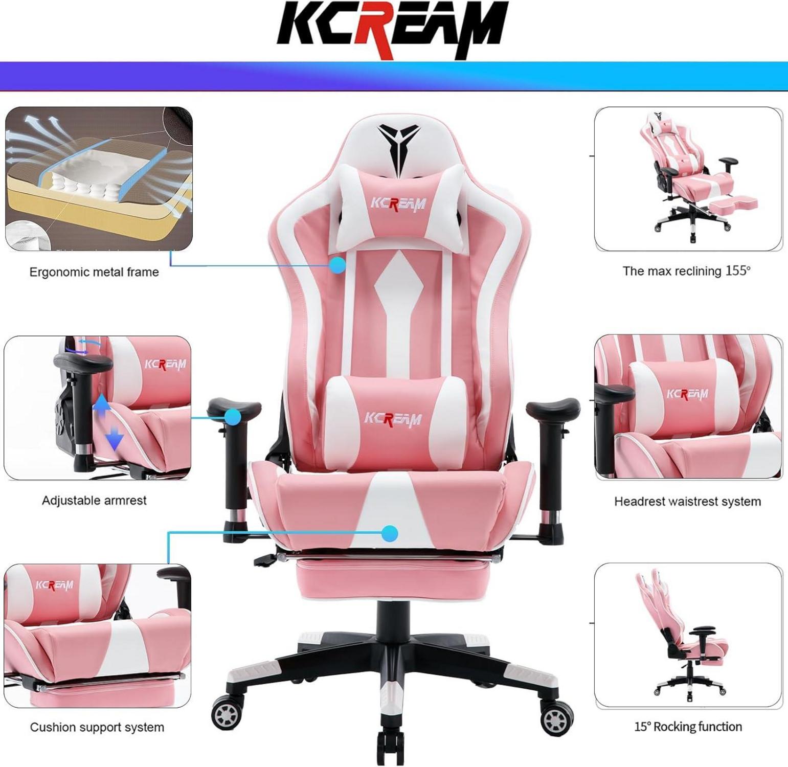KCREAM Gaming Stuhl mit Fußstütze, Ergonomischer PC Stuhl, Rosa