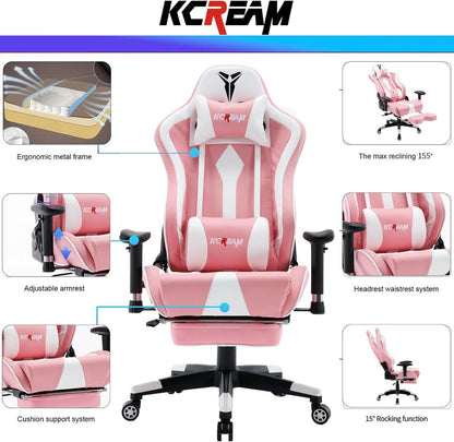 KCREAM Gaming Stuhl mit Fußstütze, Ergonomischer PC Stuhl, Rosa