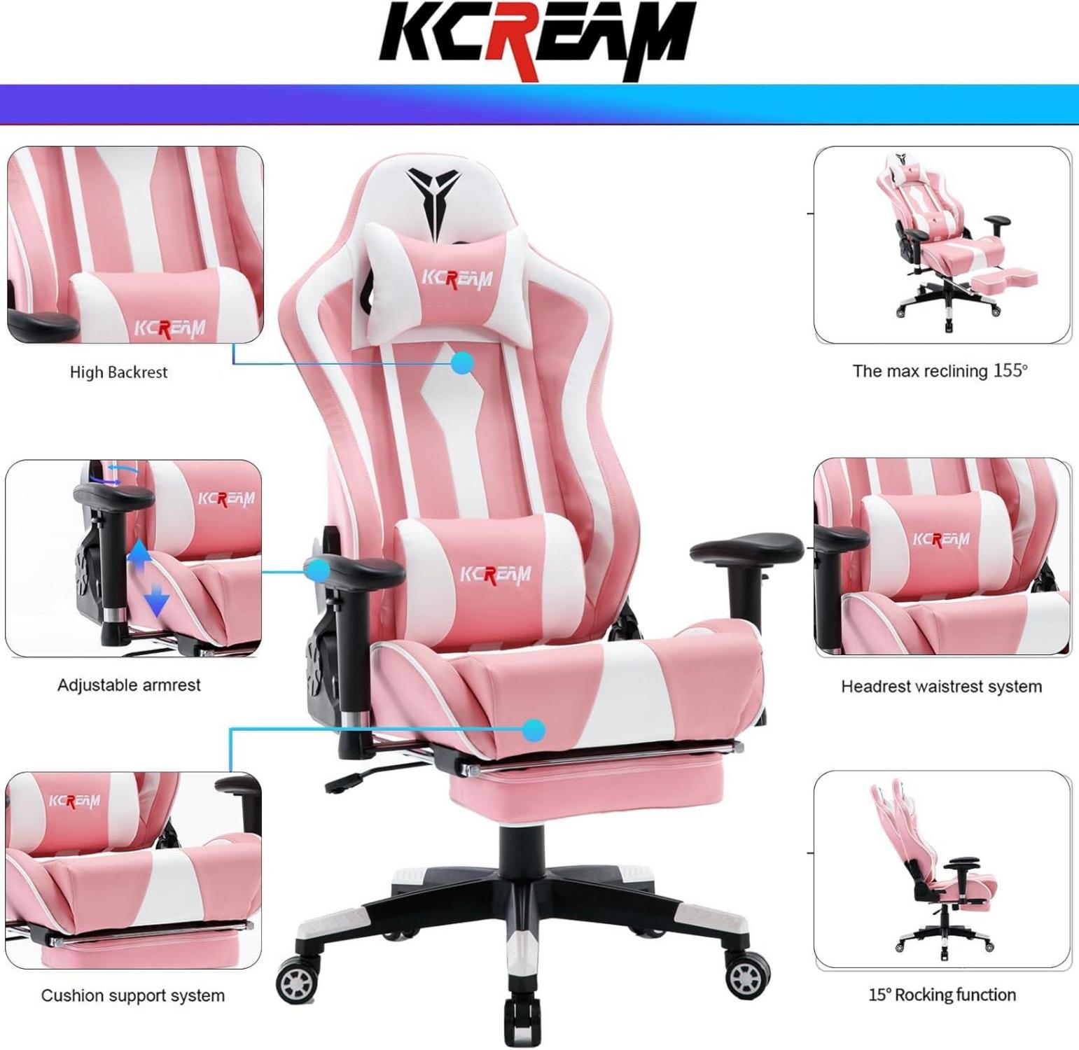 Gaming Stuhl KCREAM Hohe Rückenlehne Fußstütze 150kg PU Leder Rosa