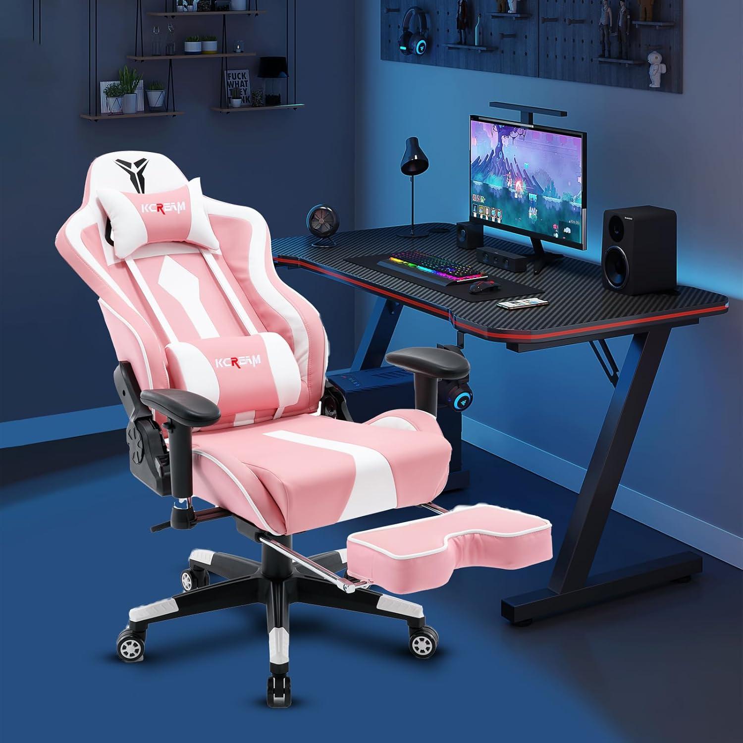 KCREAM Gaming Stuhl mit Fußstütze, Ergonomischer PC Stuhl, Rosa