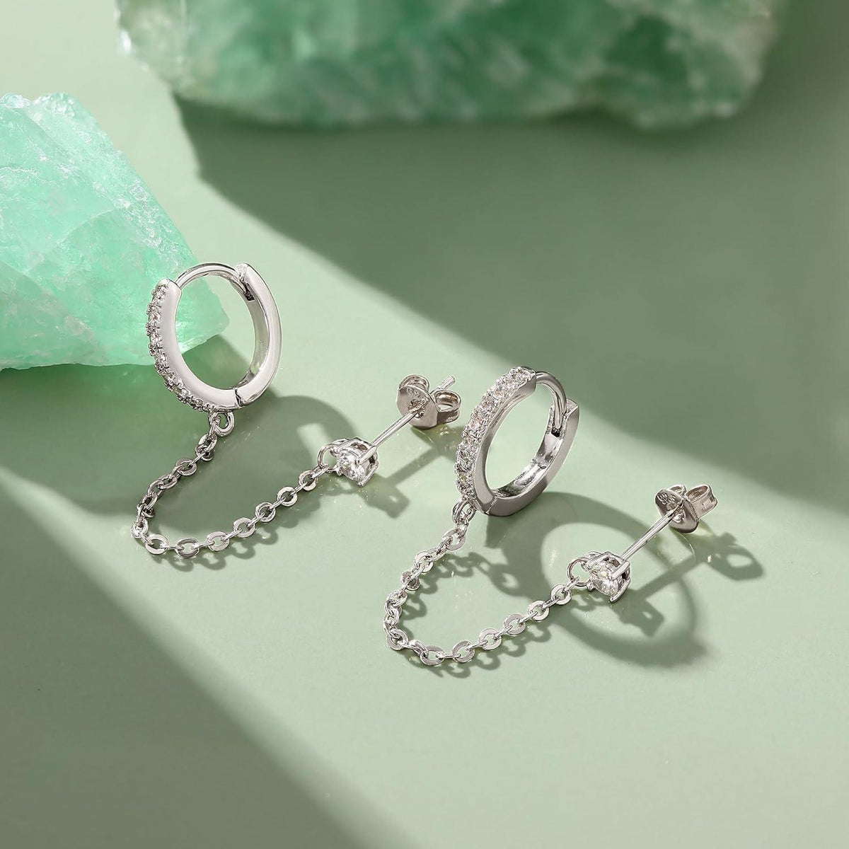 Silberne Creolen mit Kette & Stecker Ohrringe für Damen