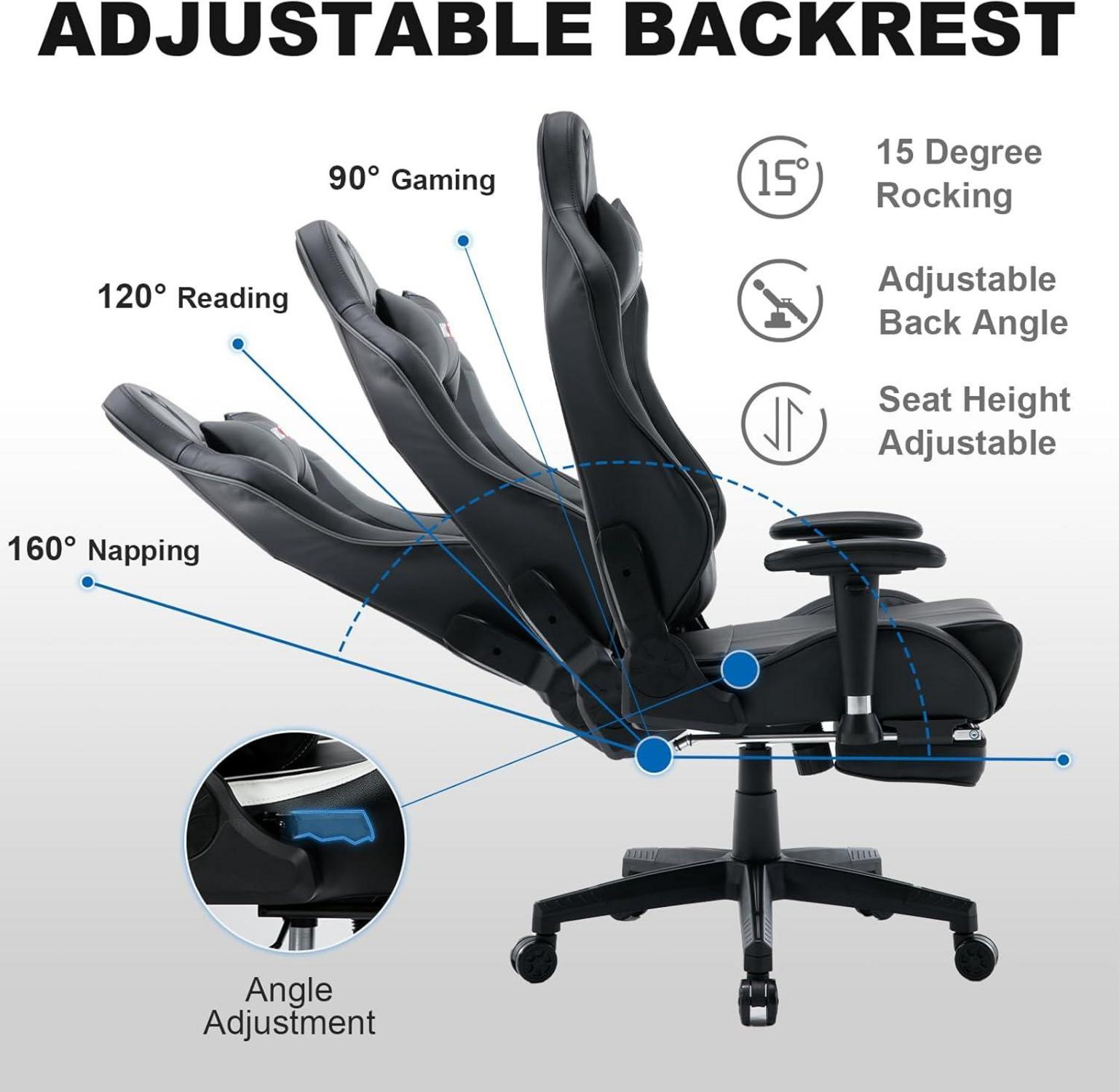 Gaming Stuhl 150kg Belastbarkeit mit Fußstütze Schwarz Ergonomischer Racing