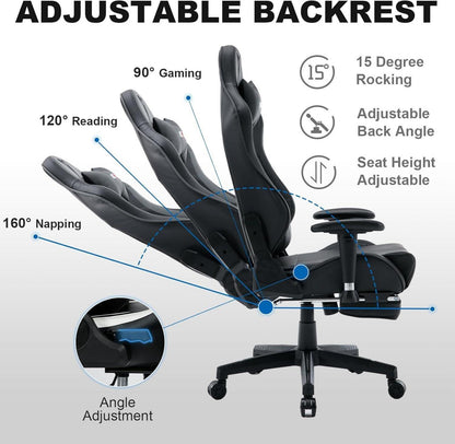 Gaming Stuhl 150kg Belastbarkeit mit Fußstütze Schwarz Ergonomischer Racing