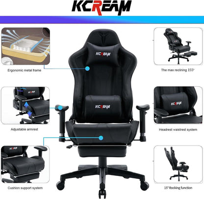 Gaming Stuhl 150kg Belastbarkeit mit Fußstütze Schwarz Ergonomischer Racing