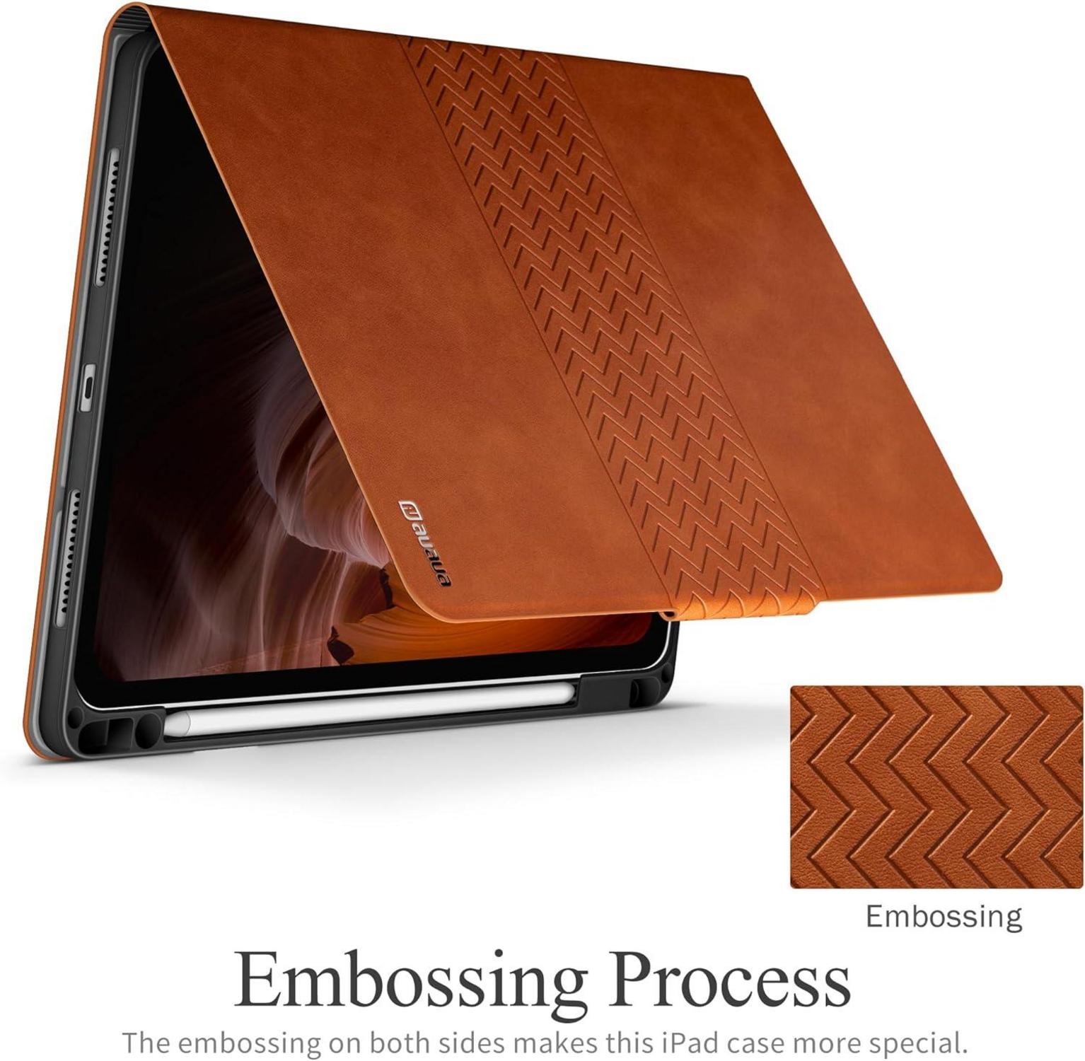 AUAUA iPad Pro 11 Zoll M4 (2024) Hülle Braun PU Leder Stifthalter Auto Schlaf/Aufwach