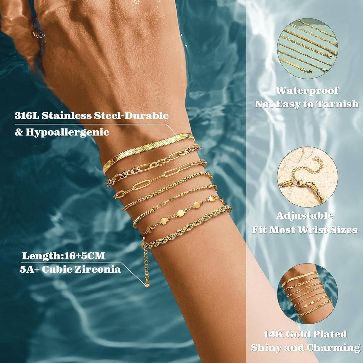 Damen Armband Set 7er Edelstahl Kettenarmbänder Vergoldet