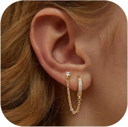 Adramata Ohrringe 925 Silber 14K Vergoldet Zirkonia Doppel Piercing