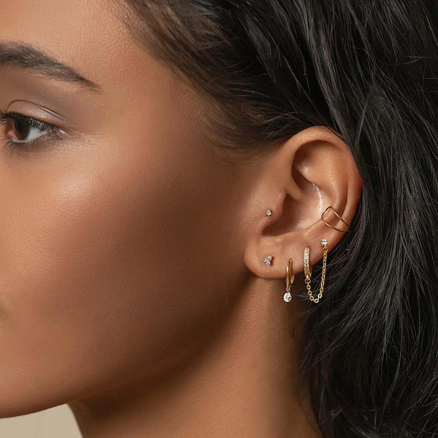 Adramata 925 Silber Doppel Piercing Creolen Kette Zirkonia