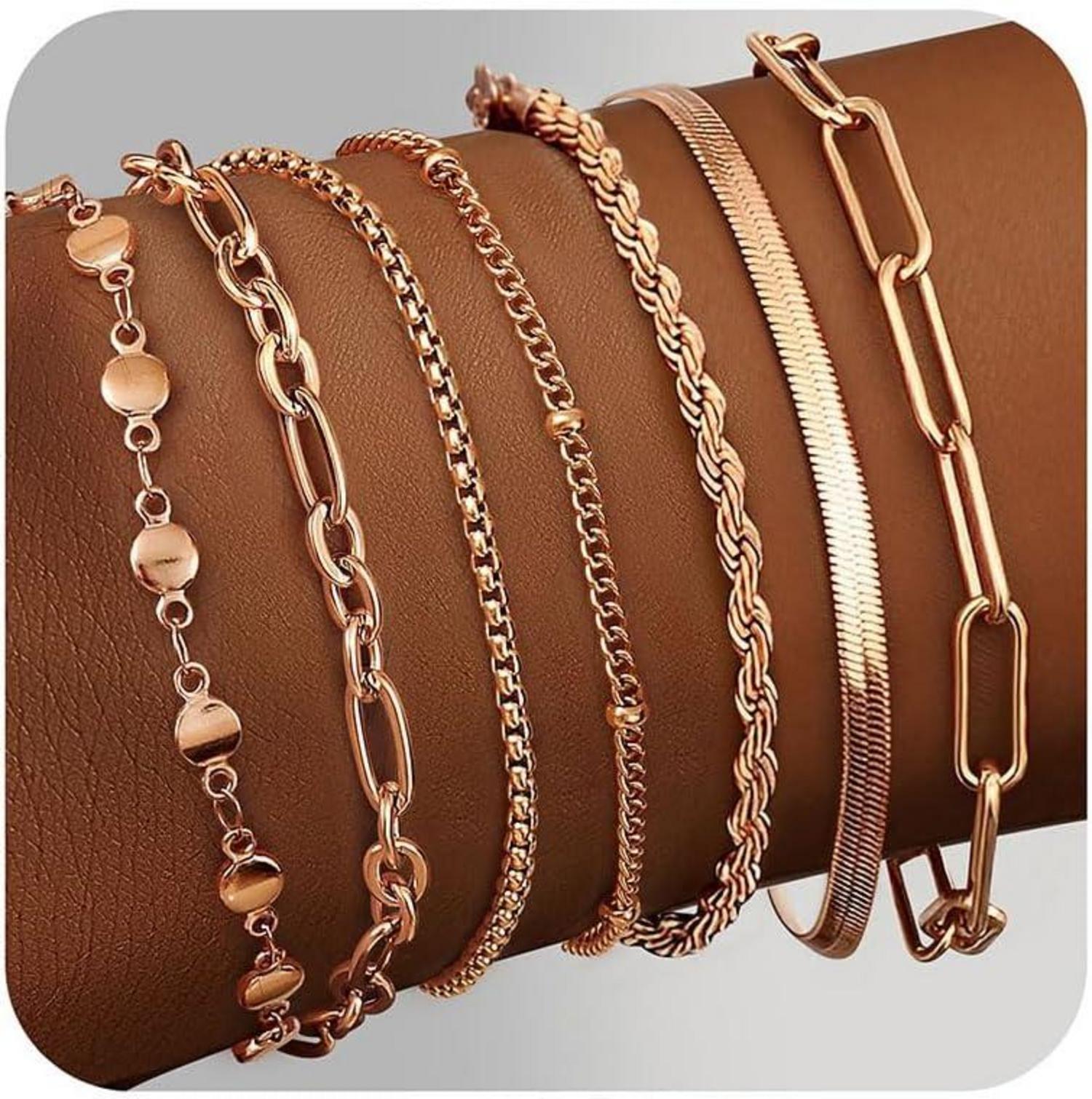 7Pcs Damen Armband Set Edelstahl 14K Vergoldet Verstellbar Silber