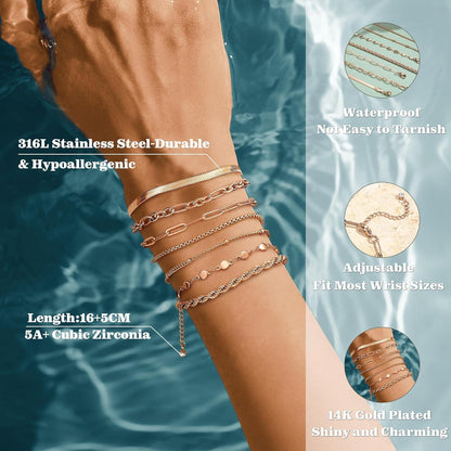 Damen Armband Set 7Pcs Edelstahl Ketten Armbänder 14K