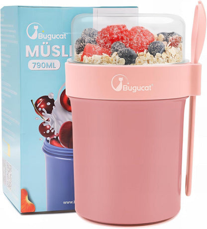 Müslibecher To Go mit Löffel und Deckel - Rosa 790ml