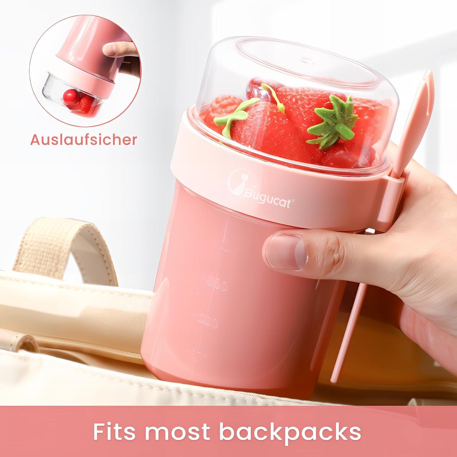 Bugucat Müslibecher To Go 560ML mit Löffel und Deckel, Auslaufsicher