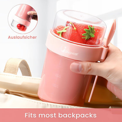 Bugucat Müslibecher To Go 560ML mit Löffel und Deckel, Auslaufsicher