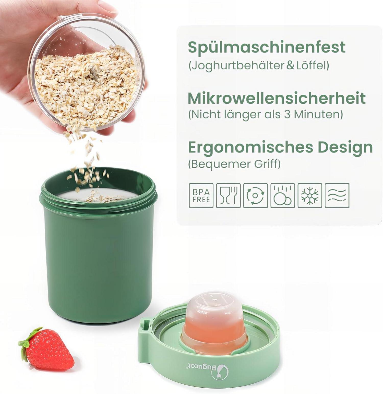 Bugucat Müslibecher To Go 560ML + 230ML Grün, Yoghurtbecher mit Löffel und Deckel