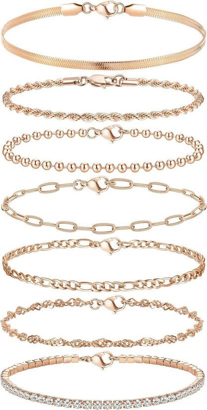 Adramata 7Pcs Damen Ketten Armband Set 14K Vergoldet Twist