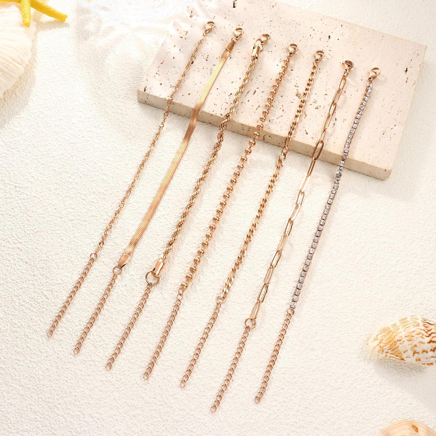Adramata 7-teiliges Ketten Armband Set Damen 14K Vergoldet Verstellbar