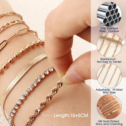 Adramata 7Pcs Ketten Armbander Damen 14K Vergoldet Twist Figaro CZ Modeschmuck Set Silber Gold Roségold