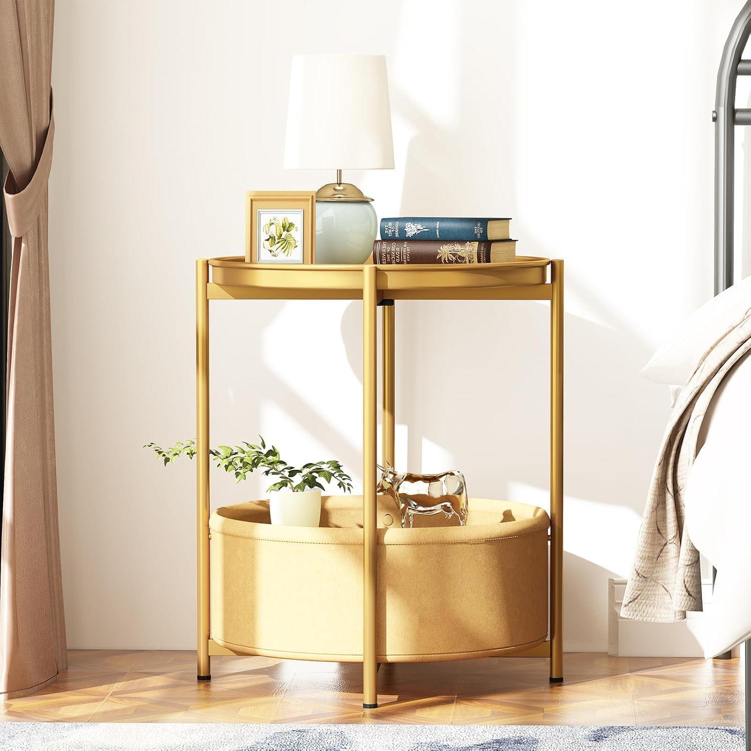 Moderne Beistelltisch mit Stoffkorb in Goldfarbe