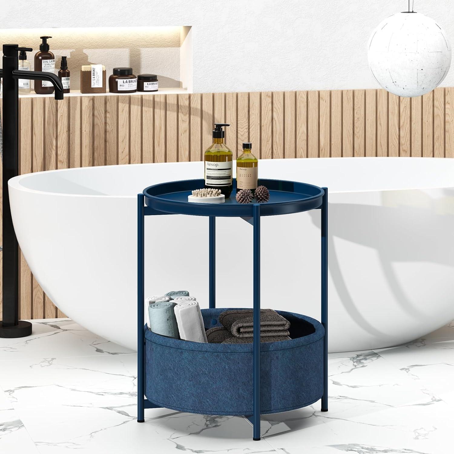 Runder Beistelltisch mit Stoffkorb Blau Wohnzimmer Schlafzimmer