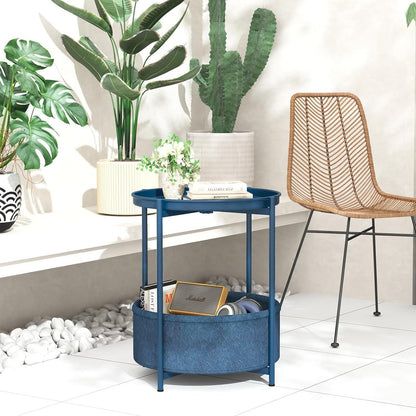 Runder Beistelltisch mit Stoffkorb in Blau, Moderner Stil
