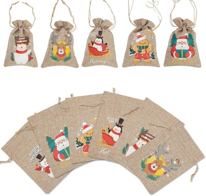12er Set Weihnachts-Burlap-Jute-Geschenktüten mit Zugbändern