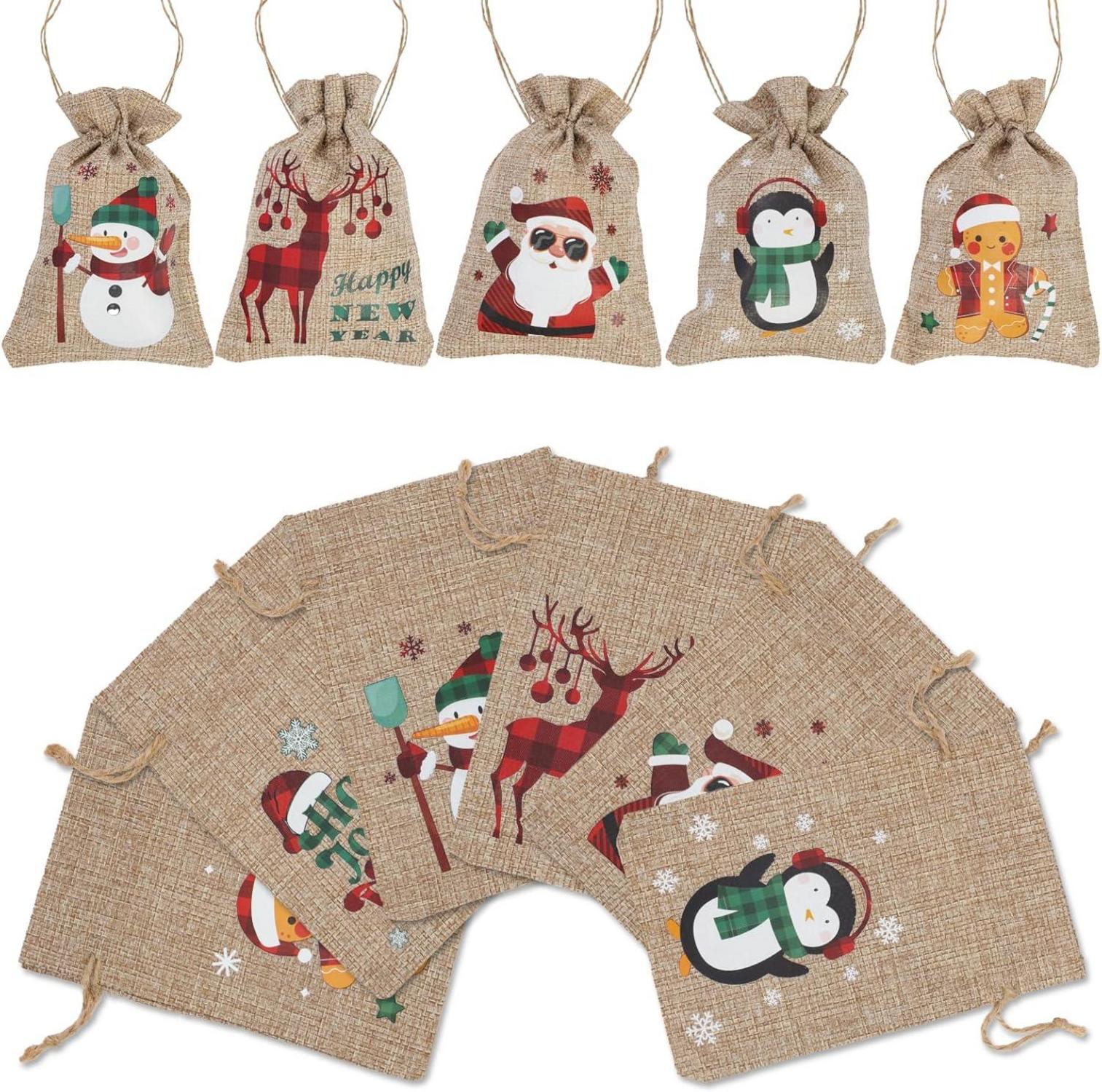 12 Weihnachts-Burlap-Jute-Geschenktüten Zugbändern 24 Motiven