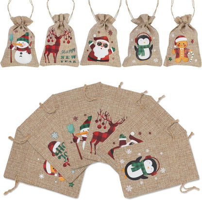 12 Weihnachts-Burlap-Jute-Geschenktüten Zugbändern 24 Motiven