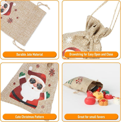 12er Pack Weihnachts-Jute-Geschenktüten mit Zugband, niedliche Weihnachtsmotive