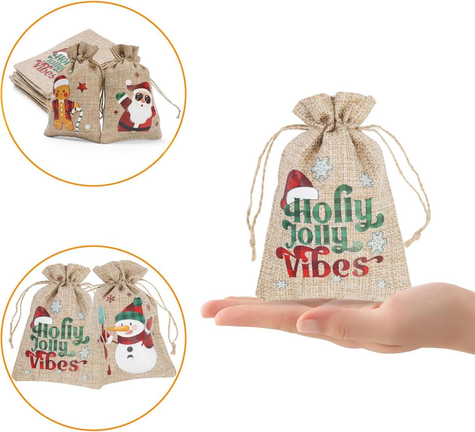Weihnachts Jute Taschen 12er Set Zugband Leinen Geschenktüte 10x15cm