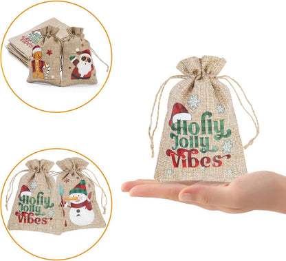Weihnachts Jute Taschen 12er Set Zugband Leinen Geschenktüte 10x15cm