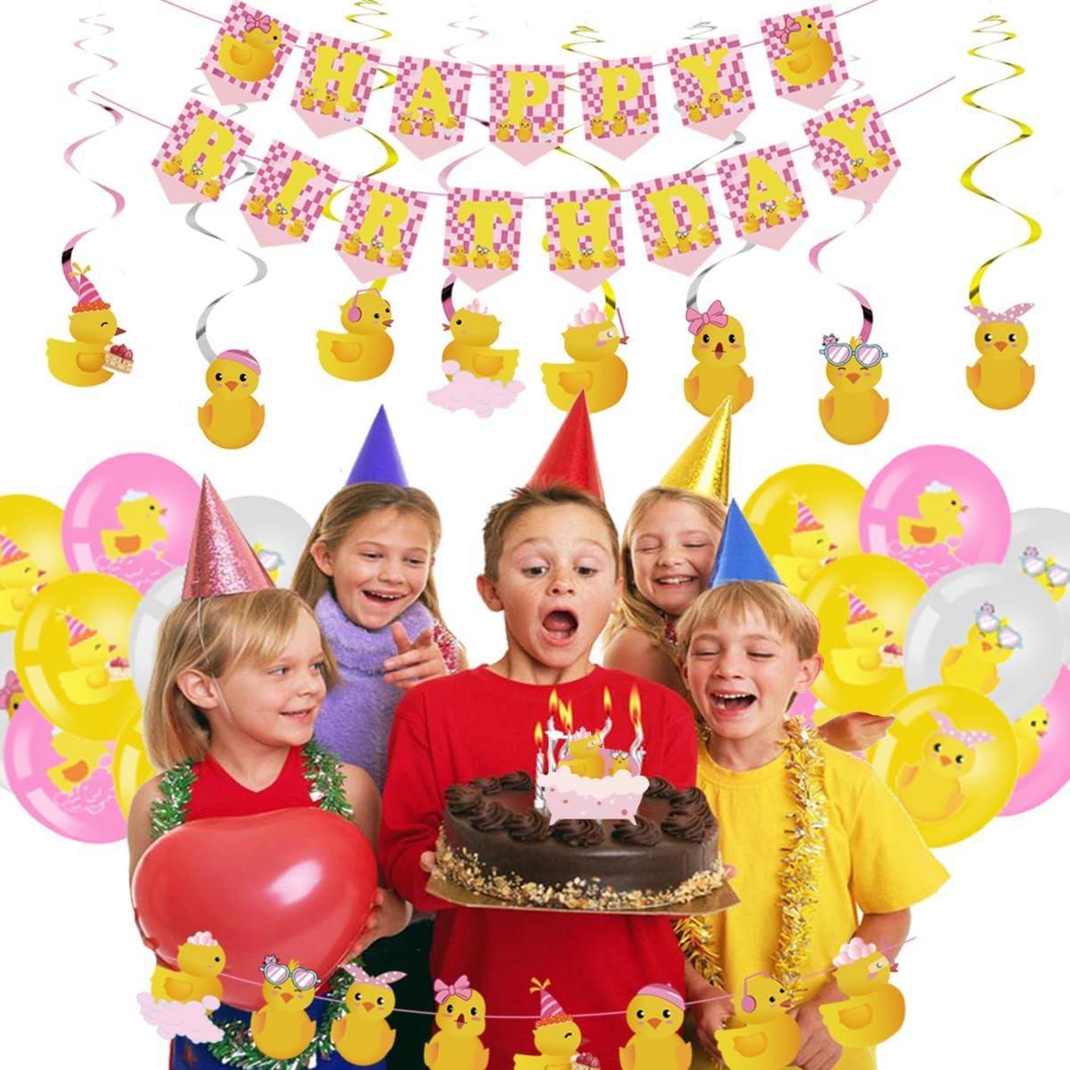 Enten Thema Party Deko Set 77-teilig rosa gelb Ballon Kuchen Geburtstag Baby