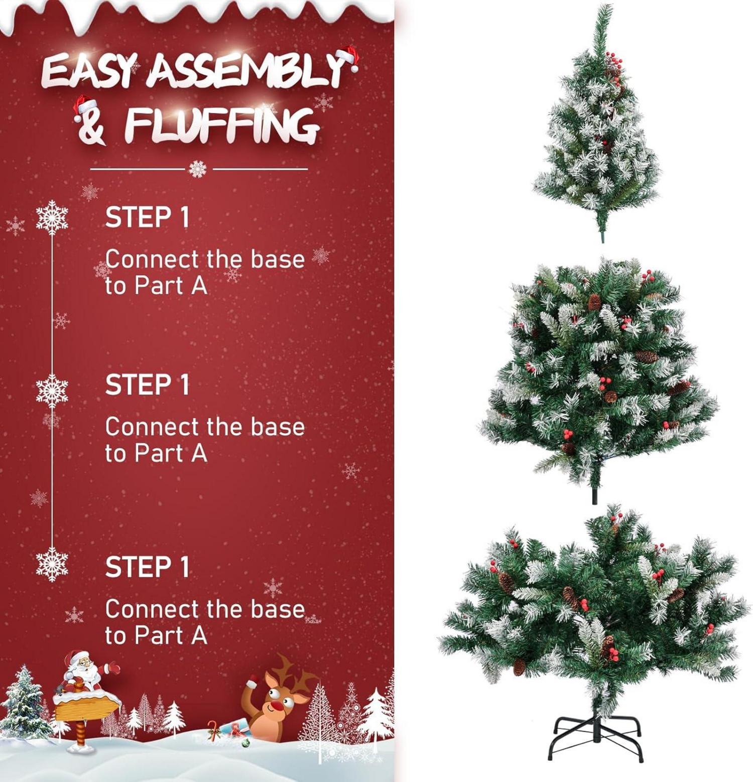 EDWINENE Künstlicher Weihnachtsbaum 6ft Schneebeflockt Tannenzapfen Rot Beeren