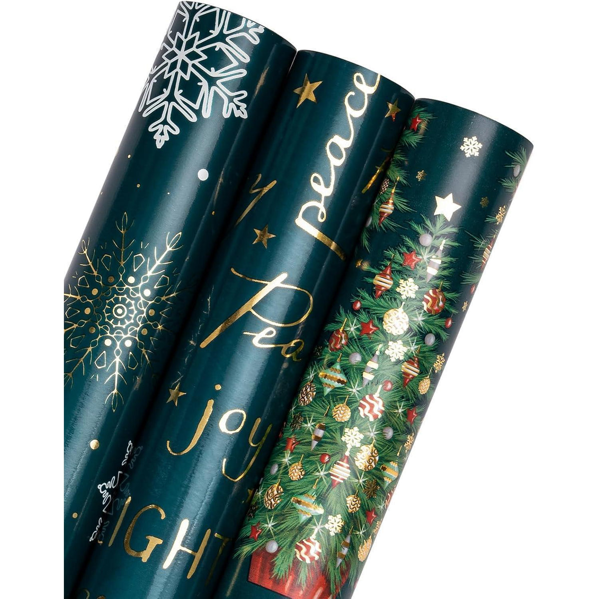 Weihnachts Geschenkpapier Rolle – 3er Set – Grün & Schneeflocken