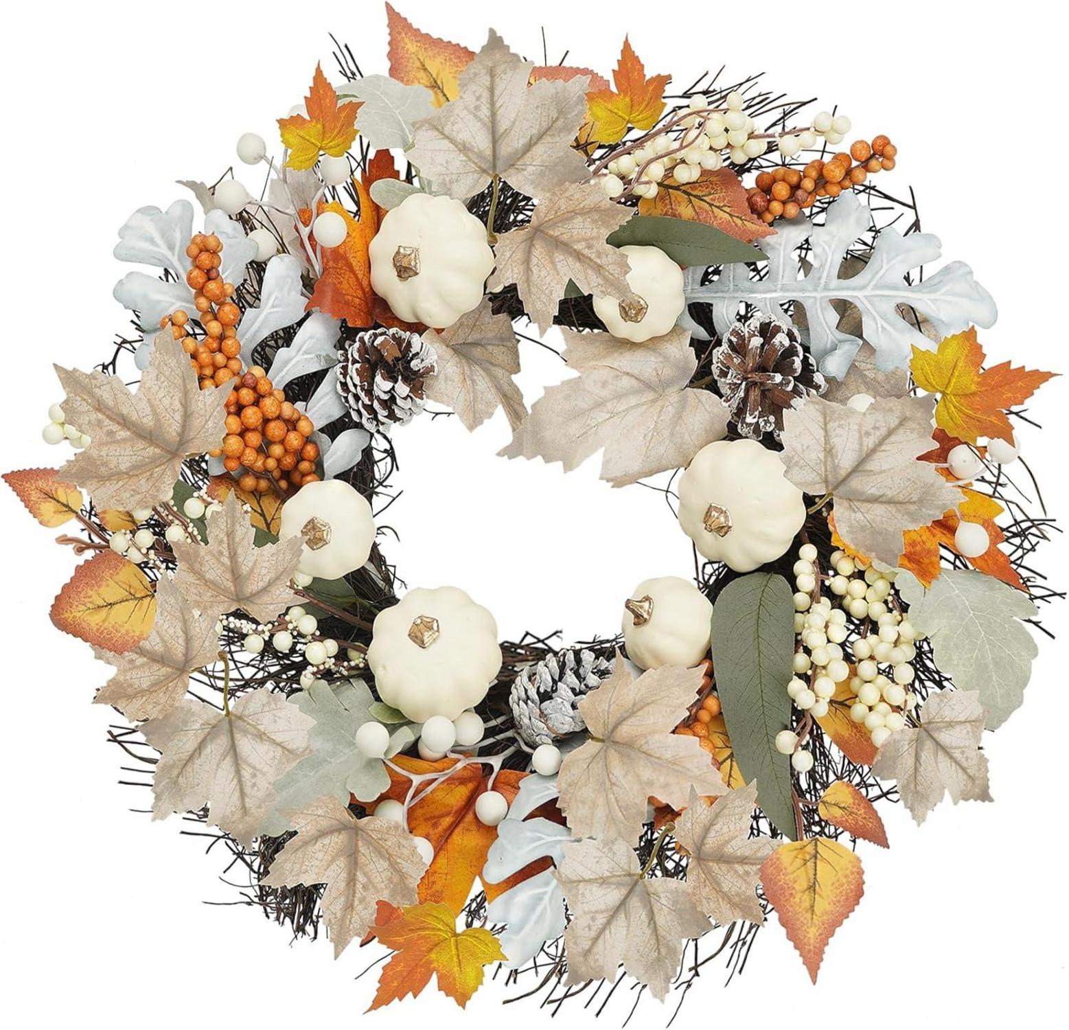 Herbst Kranz Dekoration Ahornblatt Kürbisse Pinecones