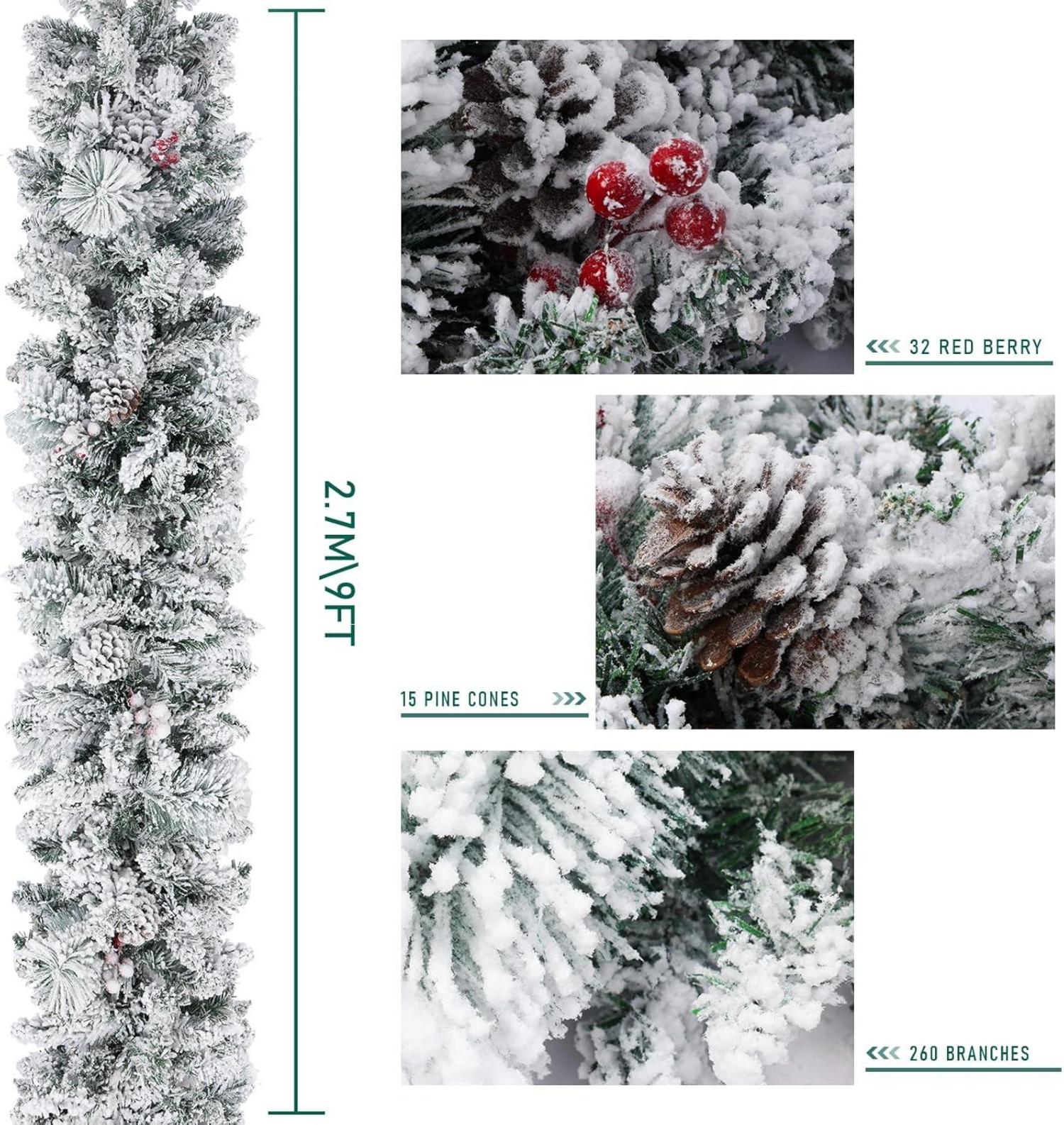 Weihnachtsgirlande 9 Fuß Schnee Tannenzapfen rote Beeren