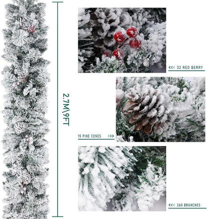 Weihnachtsgirlande 9 Fuß Schnee Tannenzapfen rote Beeren