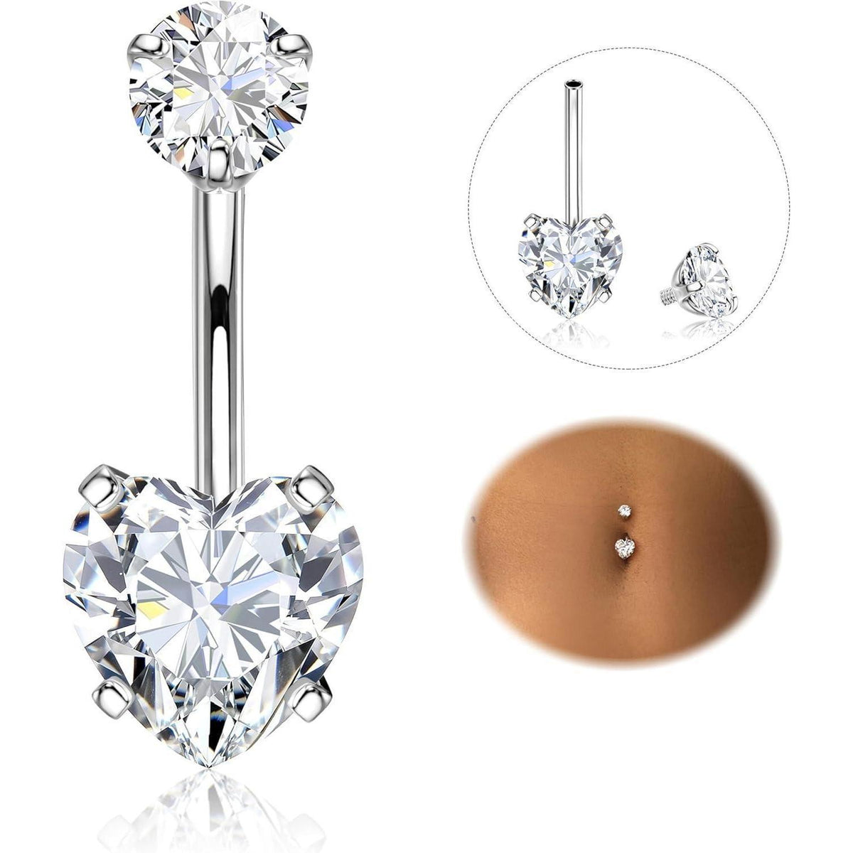 Bauchnabelpiercing Chirurgenstahl mit Herz CZ 14G Silber 8-16mm