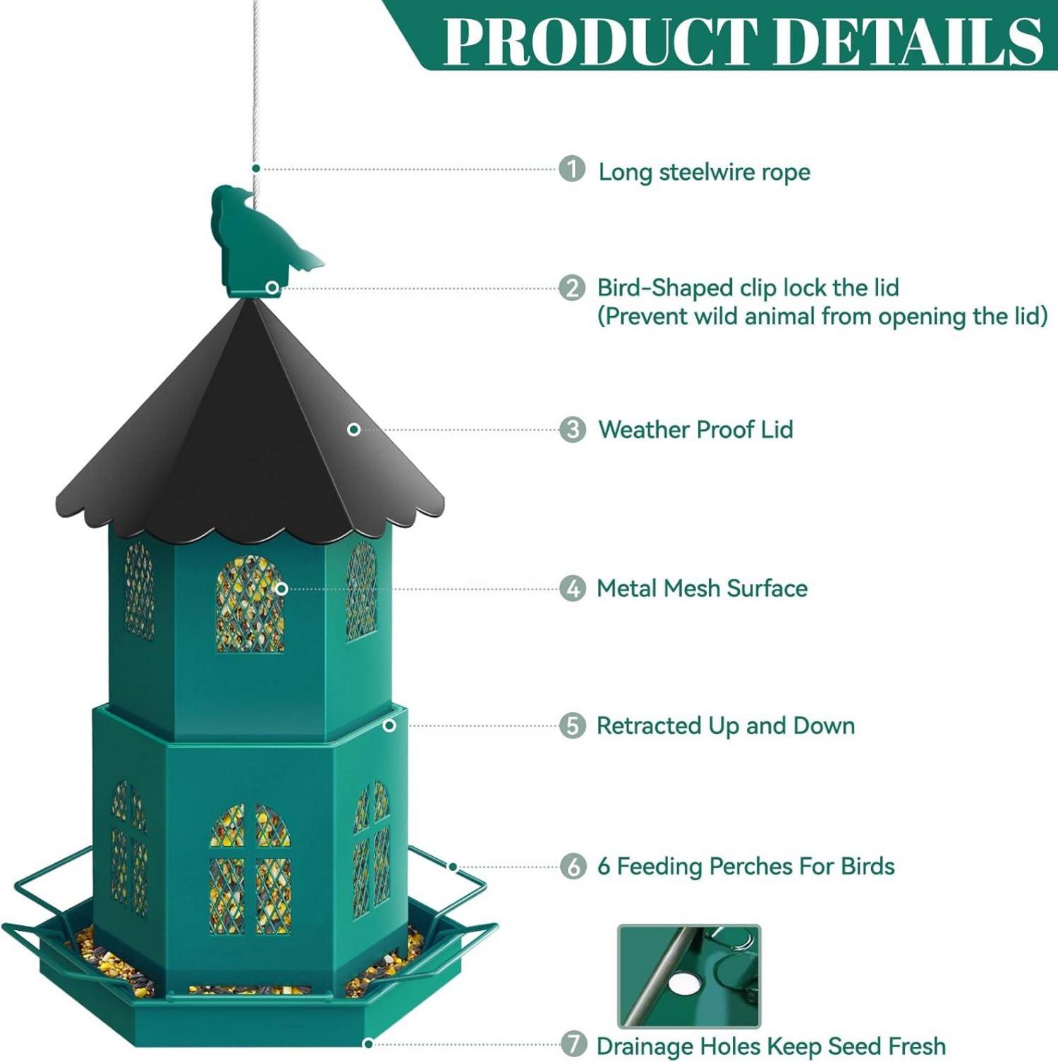 Vogelfutterautomat für den Außenbereich, Großes Fassungsvermögen, Metallgeflecht, Wildvogelfutterhaus